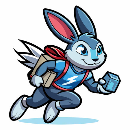 Cartoon rabbit delivering packages with wings, wearing backpack and blue outfitのイラスト素材