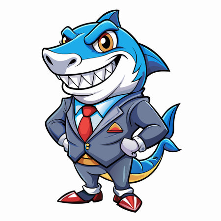 Cartoon shark stands, dressed in a business suit with red tie, smiling with sharp teethのイラスト素材