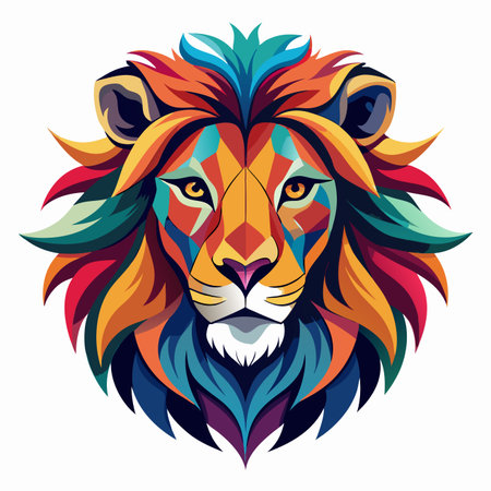 Vibrant lion head with a colorful, geometric mane. Powerful, strikingのイラスト素材