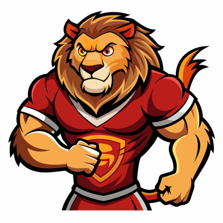 Muscular lion character wearing a sports jersey. Strong mascotのイラスト素材