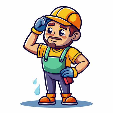 Cartoon construction worker scratching his head, wearing work clothes and a hard hatのイラスト素材