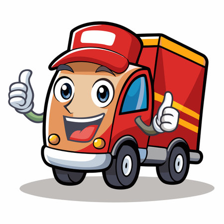 Cartoon delivery truck with a smiling face and thumbs up gesture, isolated on whiteのイラスト素材