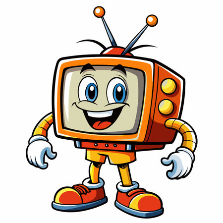 Cartoon TV character with smiling face, arms, legs, shoes, and antenna on a white backgroundのイラスト素材