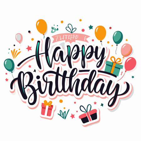 Happy Birthday design with balloons and gifts in colorful hand-drawn styleのイラスト素材