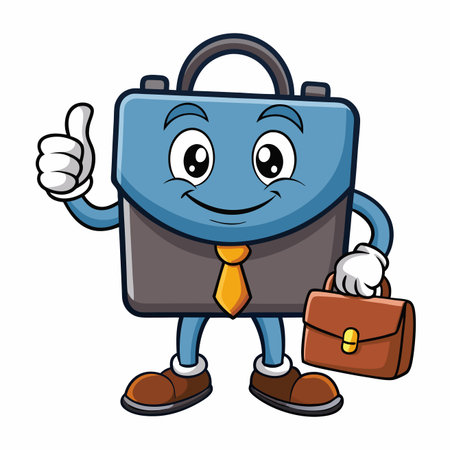 Briefcase cartoon character giving thumbs up, wearing tie, and holding another briefcaseのイラスト素材