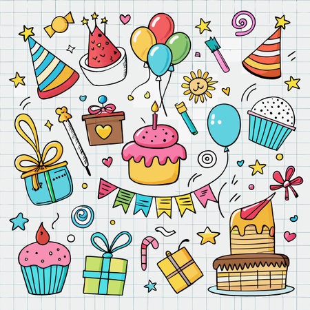 Festive party doodles on lined paper cake, gifts, balloons, hats, and banner illustrationsのイラスト素材