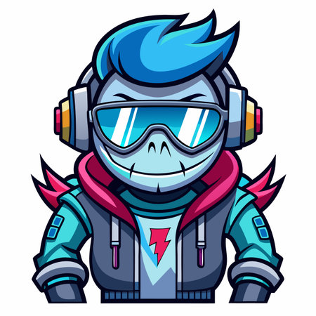 Animated character with headphones, jacket, and goggles. Cool and stylish designのイラスト素材