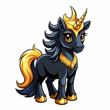Dark unicorn. Ornate gold details accent the pony. Big eyesのイラスト素材