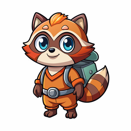 Cartoon raccoon character with a backpack, wearing an orange jumpsuitのイラスト素材
