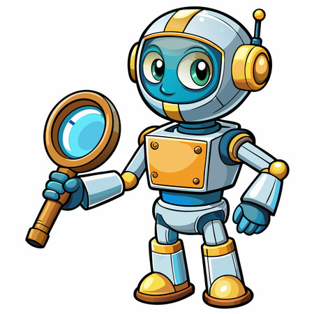 Cute robot cartoon character holding a magnifying glassのイラスト素材