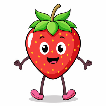 Cartoon Smiling strawberry with arms, legs, leaves. Red body, small yellow seedsのイラスト素材