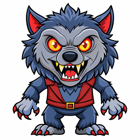 Cartoon werewolf with a red vest, bared fangs, and glowing yellow eyes. Angry cartoonish figureのイラスト素材