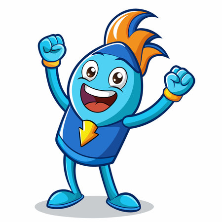 Cheerful blue cartoon character with raised arms, a smiling face, and energy bolt symbolのイラスト素材