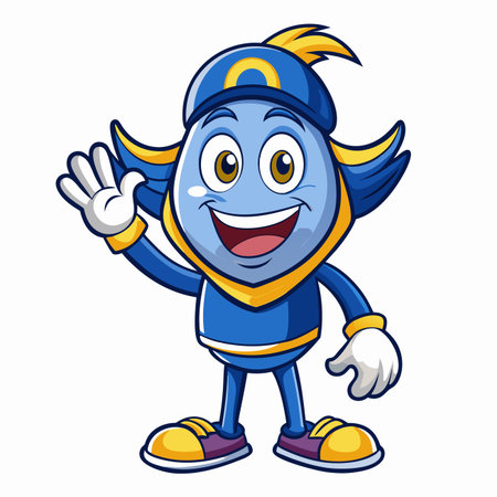 Cheerful blue mascot in athletic outfit, waving with a friendly smile. Cartoon styleのイラスト素材