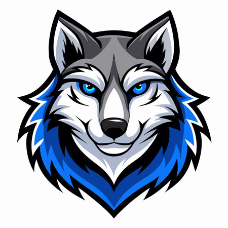 Wolf head illustration with blue accents and sharp details. Vector art of an animal with intense eyesのイラスト素材