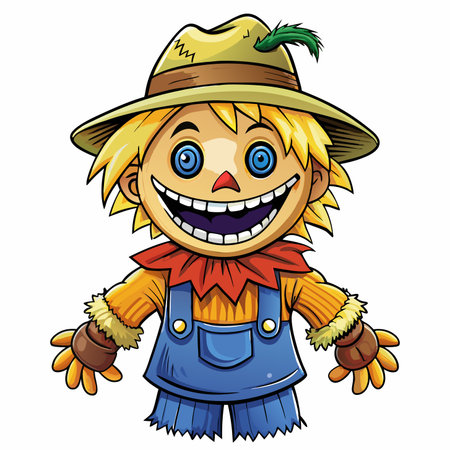 Cartoon illustration of smiling scarecrow in hat, overalls, and yellow hairのイラスト素材