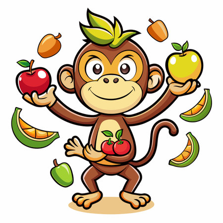 Cheerful cartoon monkey juggling a variety of fruits with a happy expression on its faceのイラスト素材