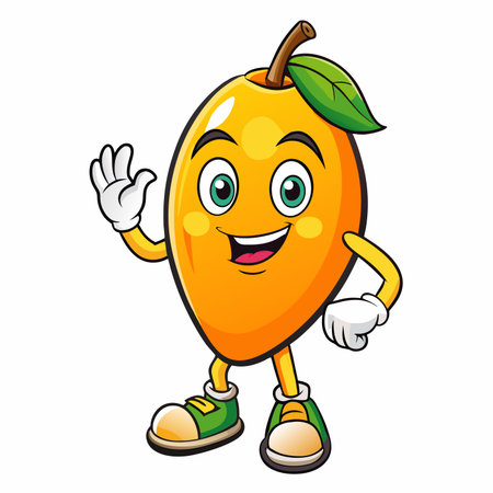 Mango character smiling, waving. Cartoon, vibrant, playful. Isolated on white background, full bodyのイラスト素材