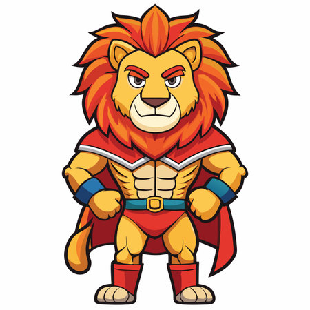 Cartoon lion hero with cape, muscular, strong, confident expressionのイラスト素材