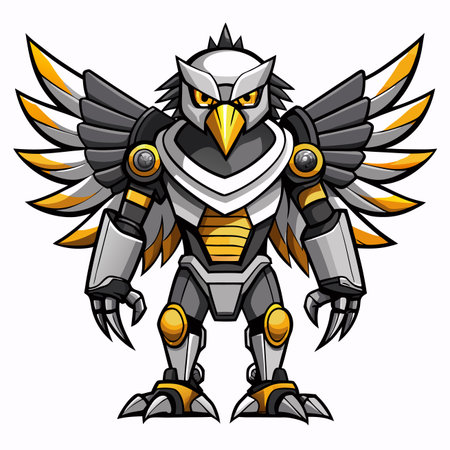 Robotic eagle silver, black, &amp; gold armor, sharp claws, intense yellow eyesのイラスト素材