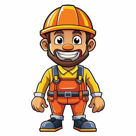 Cartoon builder with helmet and overalls, smiling broadly, friendly vector designのイラスト素材