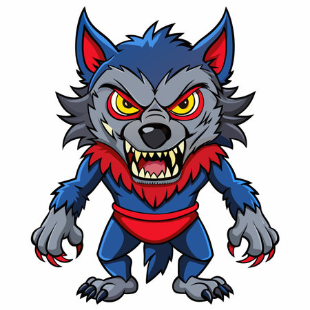 Cartoon werewolf with red eyes and claws. Fierce expression against white backgroundのイラスト素材