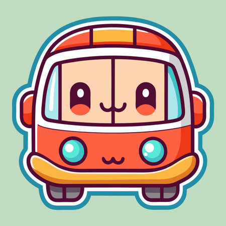 Cute vehicle illustration. Orange bus with a smiling face, simple design, and rounded featuresのイラスト素材