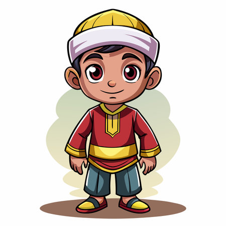Cartoon Boy in traditional garb, wearing a headdress and red tunic with gray shortsのイラスト素材