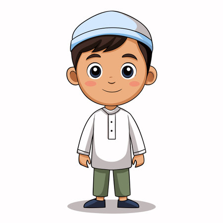 Boy in Islamic attire. Cute, cheerful, wearing a kufi, white shirt, and green pants. Cartoon styleのイラスト素材