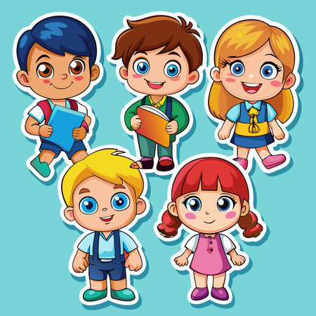 Group of happy cartoon children with books in vector illustration on a blue backgroundのイラスト素材