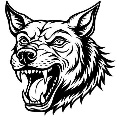 Angry canine menacing head, sharp teeth, open mouth. Bold vector outlineのイラスト素材