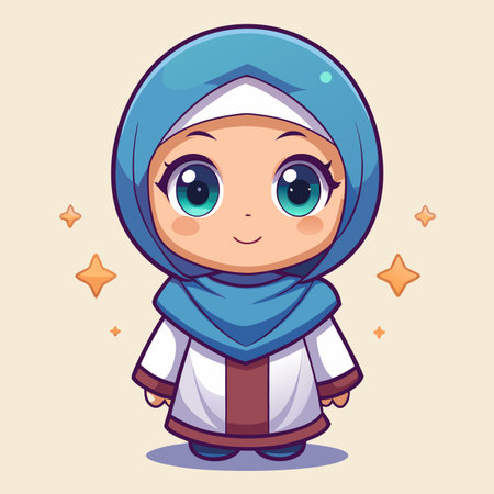 Hijab girl cartoon Cute character with blue headscarf and big eyesのイラスト素材