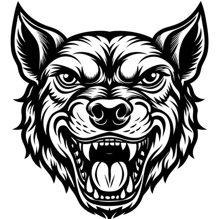 Detailed vector drawing of an angry wolf's head showing sharp teeth, intense eyes and pointy earsのイラスト素材