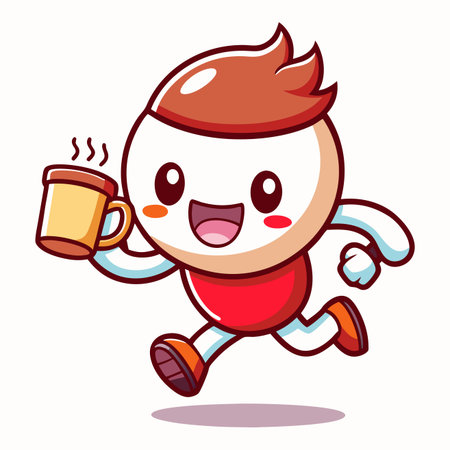 Cute character running with a hot drink, smiling happilyのイラスト素材