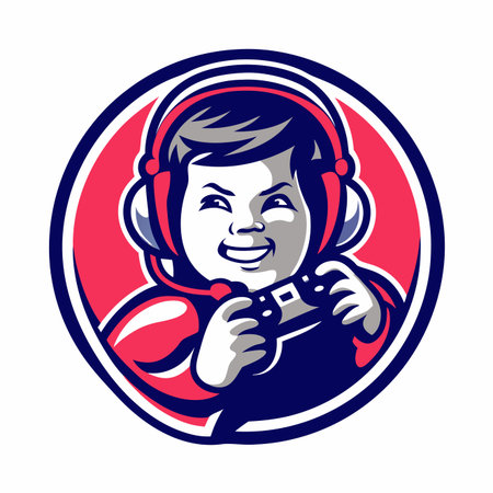 Cartoon kid in headphones, holding a game controller, in a circleのイラスト素材