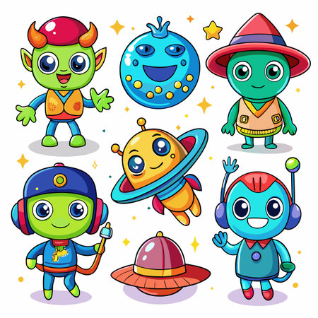 Cute cartoon alien characters in various posesのイラスト素材