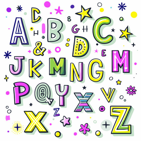 Colorful, playful alphabet with whimsical elementsのイラスト素材