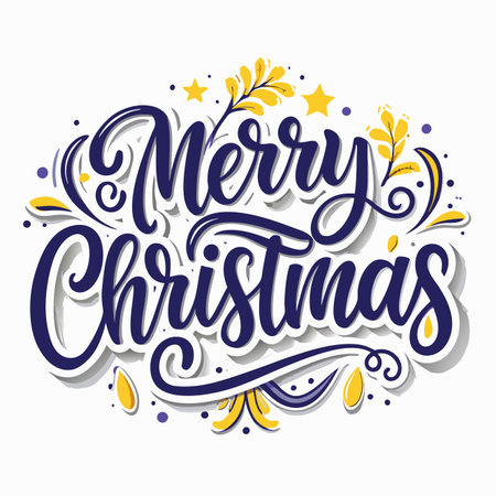 Festive "Merry Christmas" lettering with yellow and purple floral detailsのイラスト素材