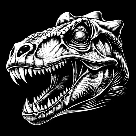 Detailed black and white illustration of a Tyrannosaurus Rex head, open mouth, fierce expressionのイラスト素材