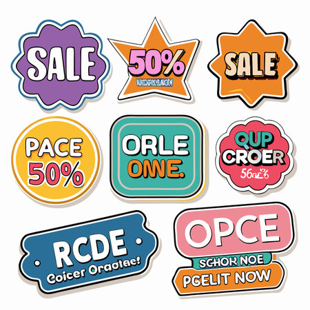 Nine colorful, stylized sale tags with various text and shapesのイラスト素材