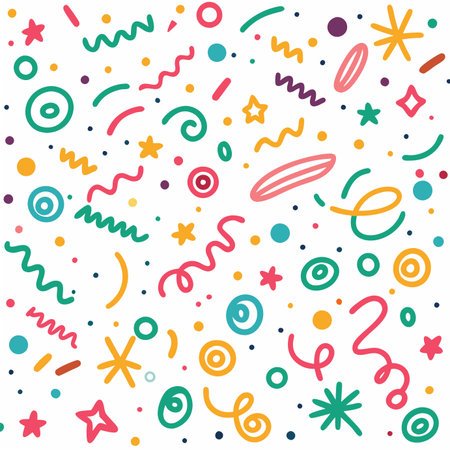 Whimsical pattern of colorful confetti shapes on white backgroundのイラスト素材