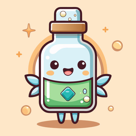 Cute cartoon potion bottle with happy expression and wingsのイラスト素材