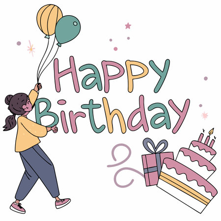 Girl celebrates birthday with balloons, cake, and giftのイラスト素材
