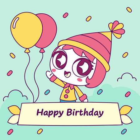 Birthday Cartoon character with hat, balloons and confetti wishing a "Happy Birthdayのイラスト素材