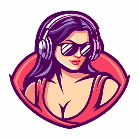 Woman in headphones, sunglasses, red topのイラスト素材