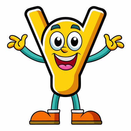 Letter Y cartoon character with smiling face, hands up, and orange shoes. Cheerful designのイラスト素材