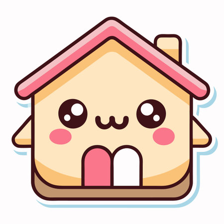 Cute house with big eyes, pink roof, door, and cheeks, on a white background. Vector illustrationのイラスト素材
