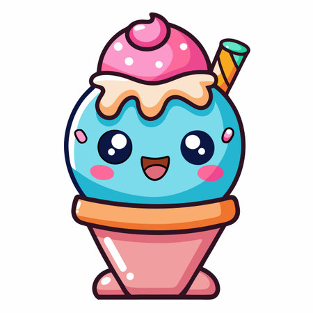 Cute dessert illustration. Smiling ice cream with pink scoop and wafer in a coneのイラスト素材