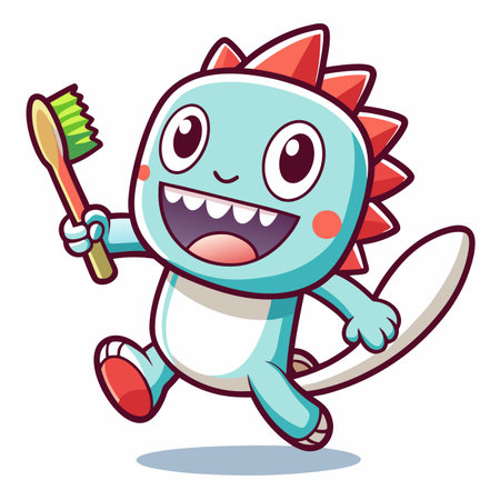 Cute cartoon dinosaur holding toothbrush, smiling happilyのイラスト素材