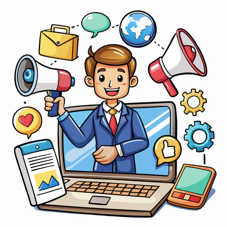 Cartoon of man emerging from laptop, surrounded by icons of business and communicationのイラスト素材